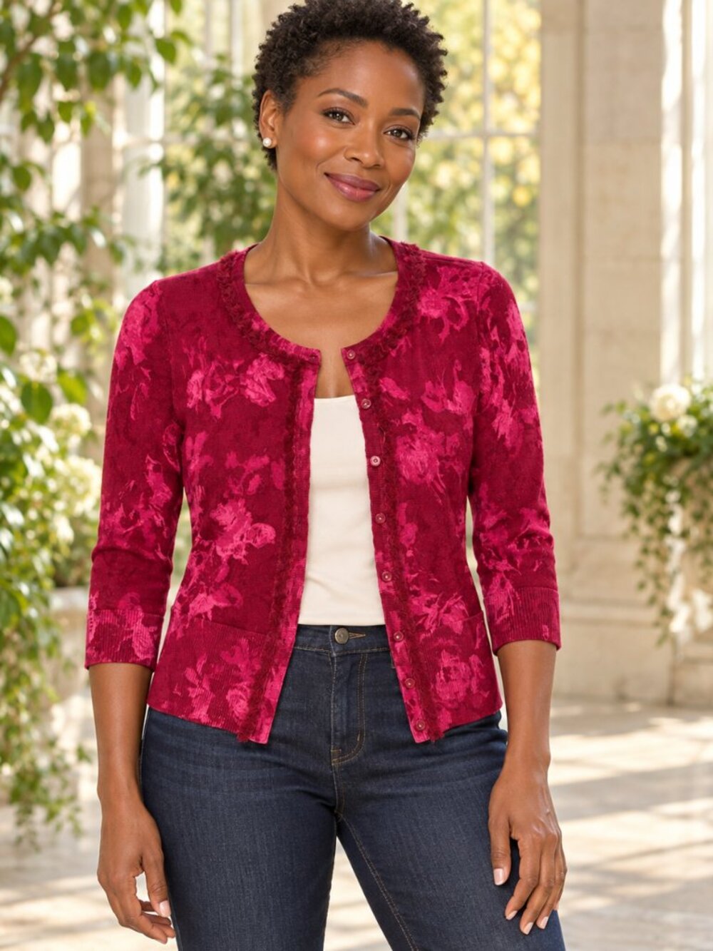 White House Black Market Berry Floral Embellished Cardigan XS